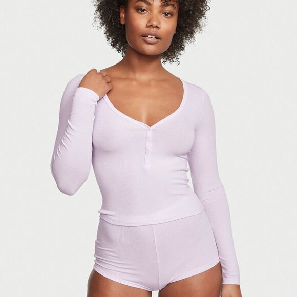 VICTORIA'S SECRET L Ribbed Modal Henley Short Pajama Set Purple So Comfy NWT - Picture 5 of 12